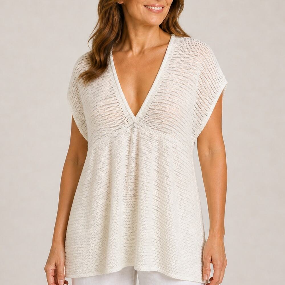 Tropical Escape Mesh Beach Cover up Tunic top size Large White V Neck Pullover